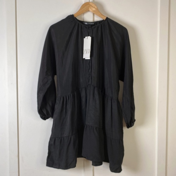 Zara Dresses & Skirts - Zara Black satin tiered long sleeve dress - Size Small